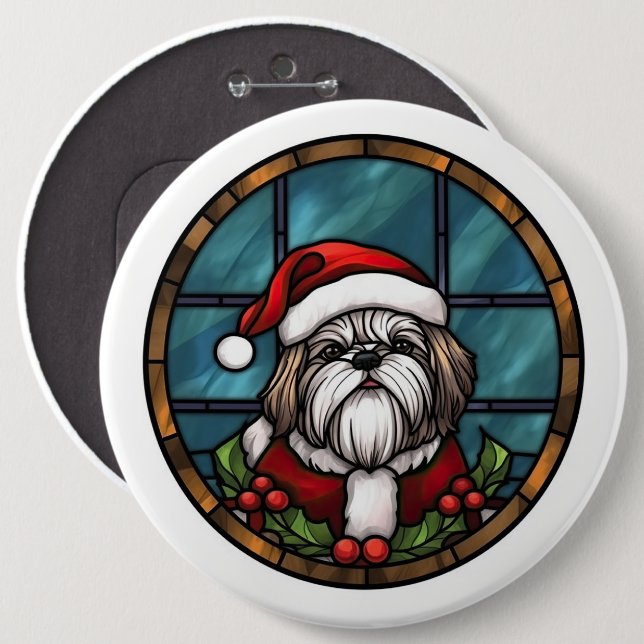 Badge Rond 15,2 Cm Shih Tzu Vitrail Noël (Devant & derrière)