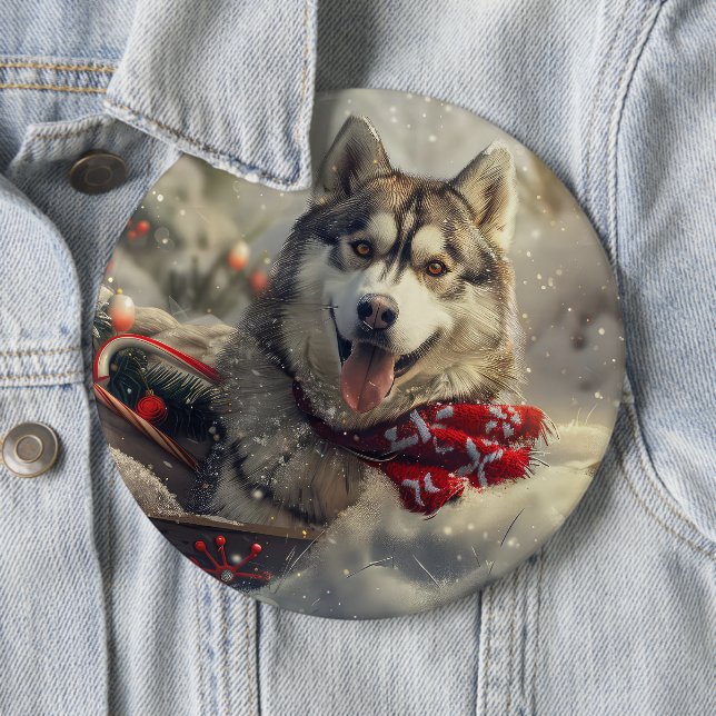 Badge Rond 15,2 Cm Sibérie Husky Chien Festif de Noël (En situation)