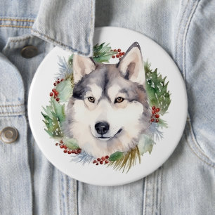 Badge Rond 15,2 Cm Sibérie Husky Christmas Wreath Festive Pup