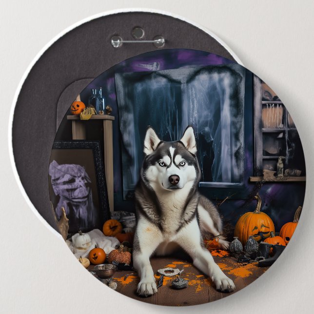 Badge Rond 15,2 Cm Sibérie Husky Citrouille Halloween effrayant (Devant & derrière)