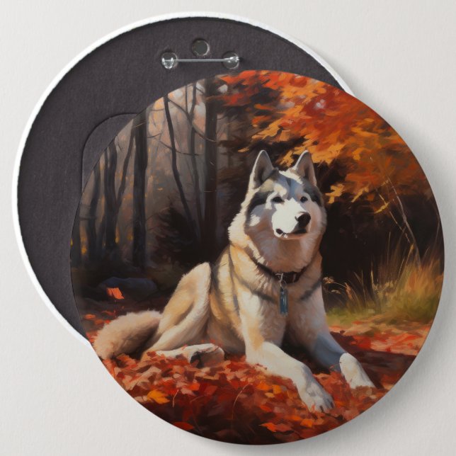 Badge Rond 15,2 Cm Sibérie Husky en automne Feuilles automne Inspire  (Devant & derrière)