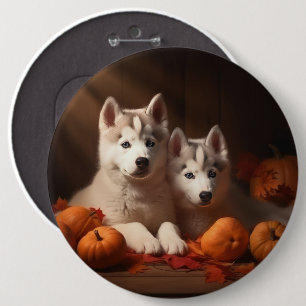Badge Rond 15,2 Cm Sibérie Husky Puppy Citrouille d'automne