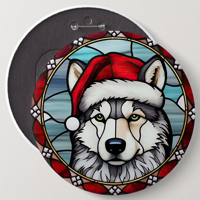 Badge Rond 15,2 Cm Sibérien Husky Vitrail Noël (Devant & derrière)