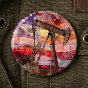 Badge Rond 15,2 Cm Silhouette de pompe à huile aquarelle avec drapeau