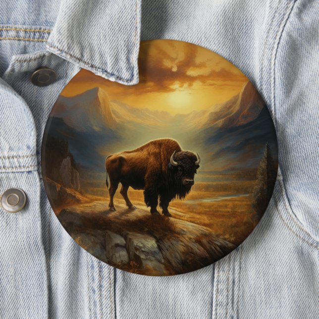 Badge Rond 15,2 Cm Silhouette du coucher de soleil de bison de buffle (En situation)