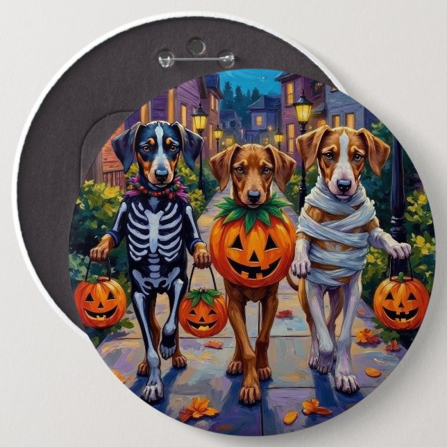 Badge Rond 15,2 Cm Silken Windhound Dogs in Halloween Costumes (Devant & derrière)