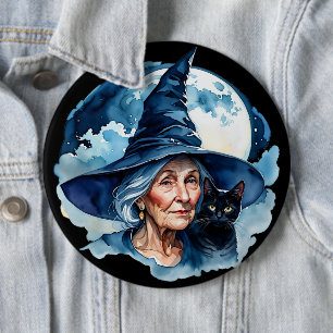 Badge Rond 15,2 Cm Sorcière avec un Chat - Wicca Halloween 1