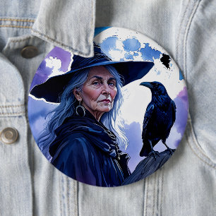 Badge Rond 15,2 Cm Sorcière avec un Corbeau - Amusement de fan d'Hall