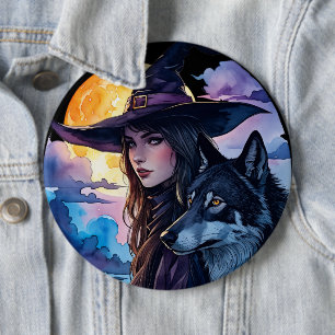 Badge Rond 15,2 Cm Sorcière avec un Loup - Amusement de fan d'Hallowe