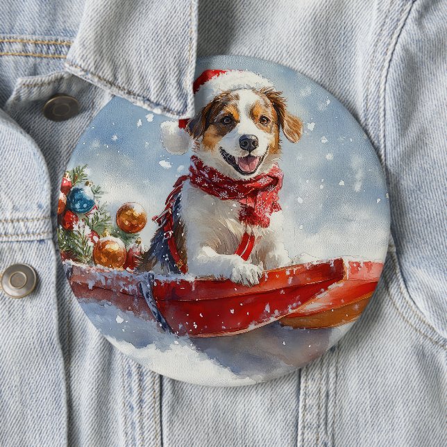 Badge Rond 15,2 Cm Spaniel Breton dans un traîneau de Noël (En situation)