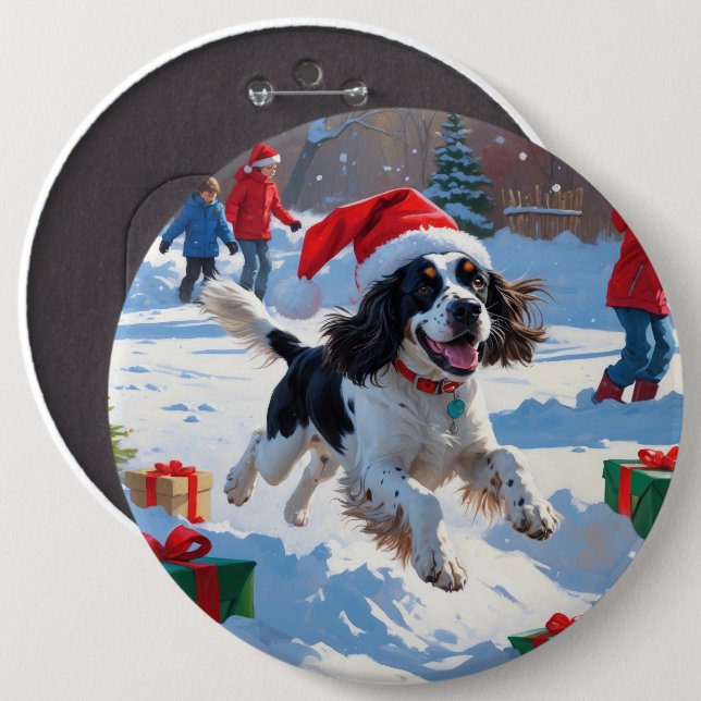 Badge Rond 15,2 Cm Springer Spaniel courant dans la neige avec un cha (Devant & derrière)