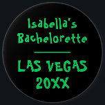 Badge Rond 15,2 Cm St Patricks Bachelorette à Vegas Néon Vert Noir<br><div class="desc">Ce badge bouton personnalisé vert néon et noir présente le nom de la future mariée en typographie vive. Idéal pour votre enterrement de vie de jeune fille St Patrick à Vegas. Pour modifier le texte,  cliquez sur le bouton Personnaliser.</div>