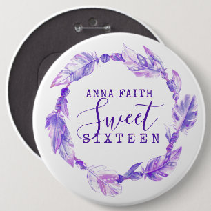 Badge Rond 15,2 Cm Sweet sixteen perles de plumes violettes aquarelle