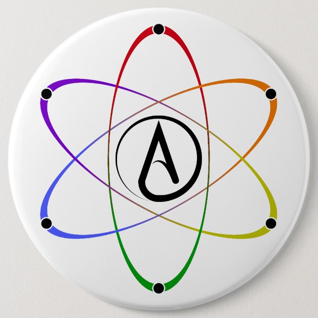 Badge Rond 15,2 Cm Symbole de l'atome athée arc-en-ciel (Devant)