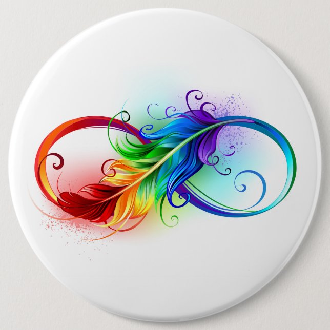 Badge Rond 15,2 Cm Symbole d'infini avec plume arc-en-ciel (Devant)