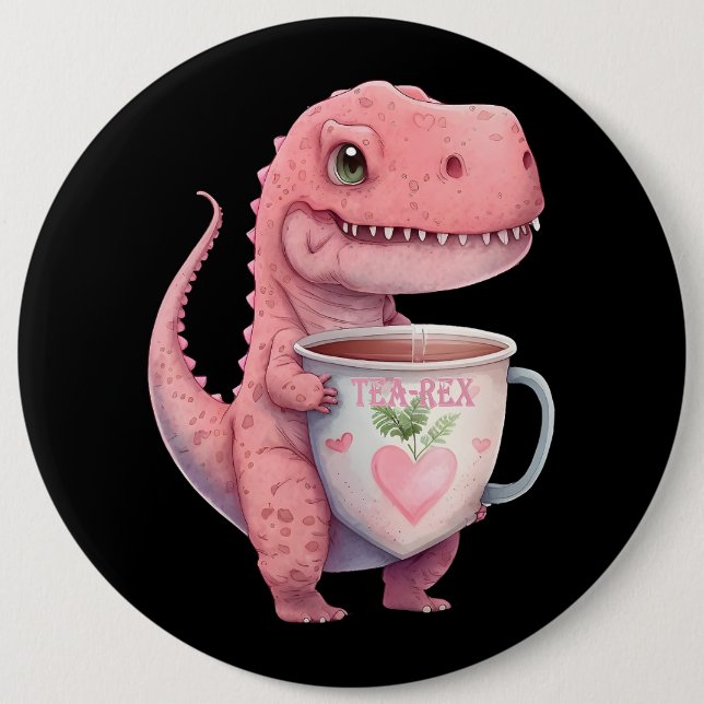 Badge Rond 15,2 Cm Tea Time TRex Dinosaur Cute Funny Chibi Kawaii (Devant)