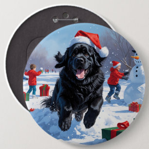 Badge Rond 15,2 Cm Terre-Neuve courant dans la neige avec un chapeau 