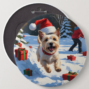 Badge Rond 15,2 Cm Terrier Cairn courant dans la neige avec un chapea