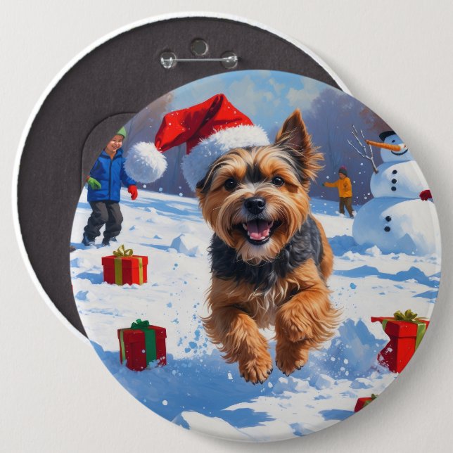 Badge Rond 15,2 Cm Terrier tibétain coule dans la neige avec Casquett (Devant & derrière)