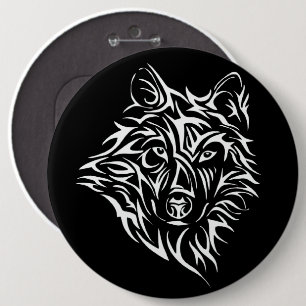 Badge Rond 15,2 Cm Tête de loup blanc sur noir