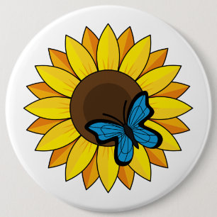 Badge Rond 15,2 Cm Tournesol et papillon bleu