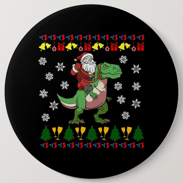 Badge Rond 15,2 Cm TRex Père Noël Rider Noël Tyrannosaurus Dino (Devant)