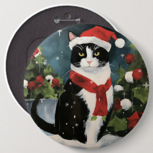 Badge Rond 15,2 Cm Tuxedo Chat en Noël de neige