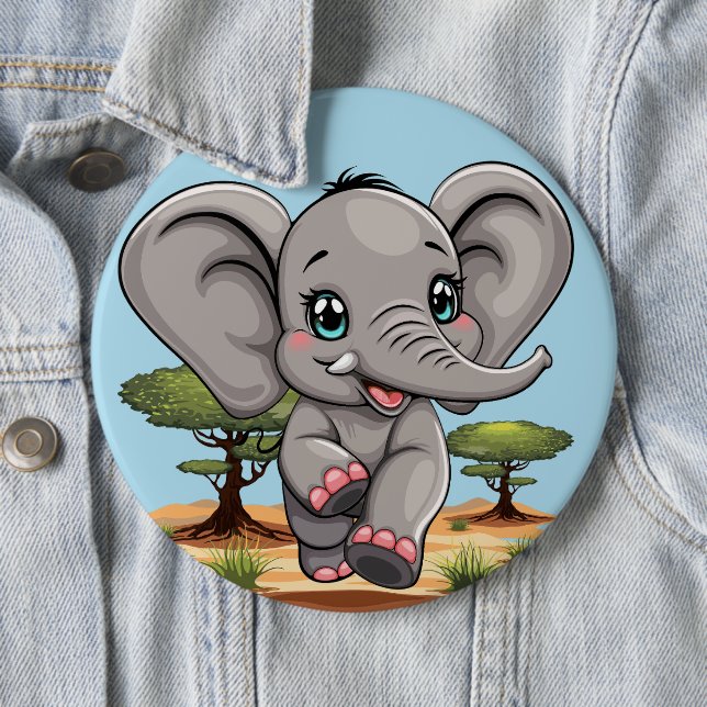 Badge Rond 15,2 Cm Un bébé éléphant qui sonne heureux dans la savane  (En situation)