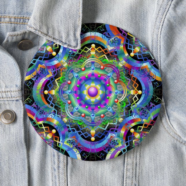 Badge Rond 15,2 Cm Univers Mandala Couleurs Psychédéliques (En situation)