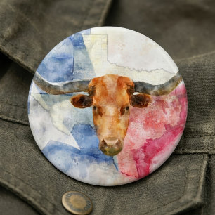 Badge Rond 15,2 Cm Vache Longhorn avec carte du Texas et drapeau aqua