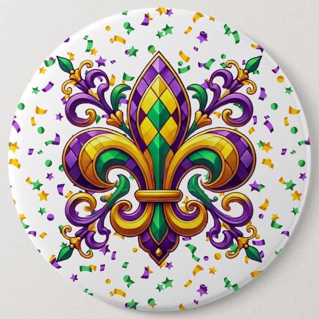 Badge Rond 15,2 Cm Vert jaune pourpre Mardi Gras fleur de lis (Devant)