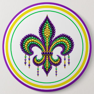 Badge Rond 15,2 Cm Vert jaune pourpre Mardi Gras fleur de lis