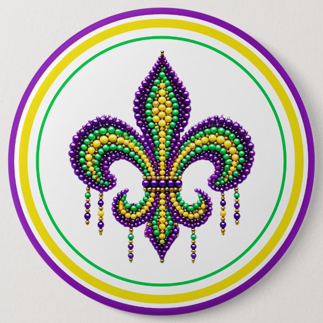 Badge Rond 15,2 Cm Vert jaune pourpre Mardi Gras fleur de lis (Devant)