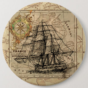 Badge Rond 15,2 Cm Vintage Sailing Ship and Old European Map