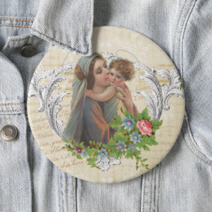 Badge Rond 15,2 Cm Vintage Vierge Marie Jésus Roses