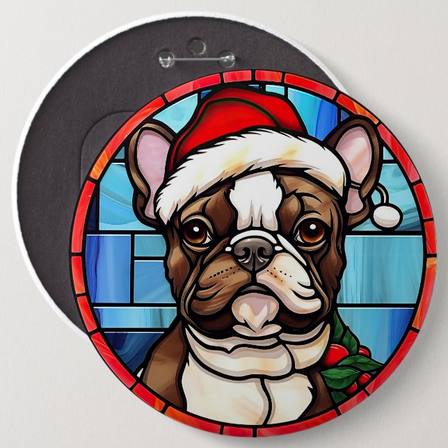 Badge Rond 15,2 Cm Vitrail de Noël Bouledogue Français (Devant & derrière)