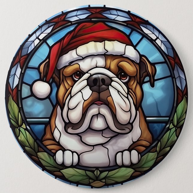 Badge Rond 15,2 Cm Vitrail de Noël Bulldog (Devant)