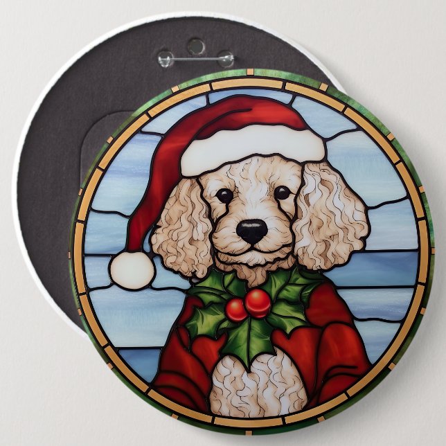 Badge Rond 15,2 Cm Vitrail de Noël Caniche (Devant & derrière)