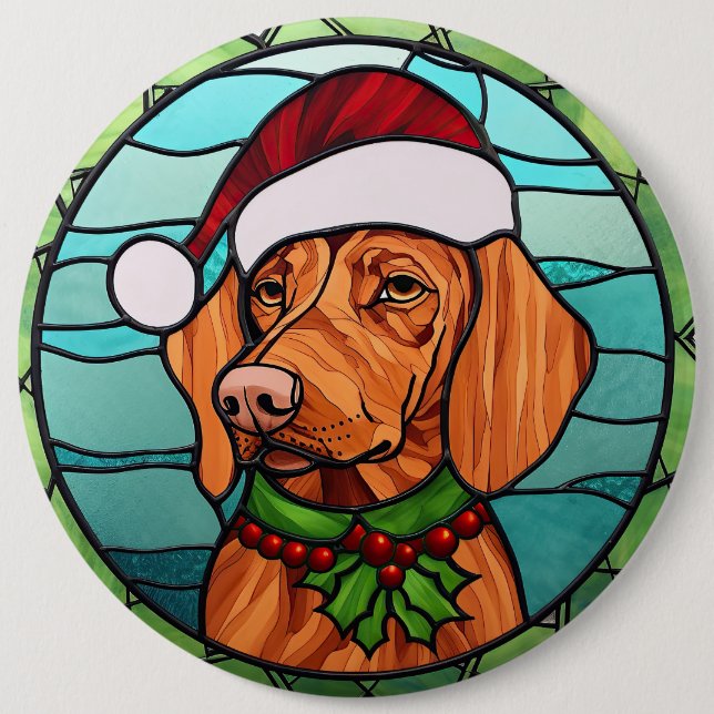 Badge Rond 15,2 Cm Vizsla Vitraux de Noël (Devant)