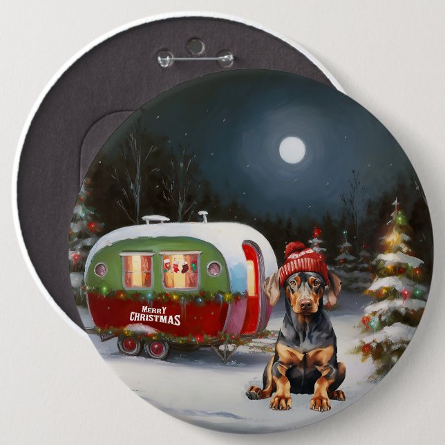 Badge Rond 15,2 Cm Winter Doberman Caravan Christmas Adventure (Devant & derrière)