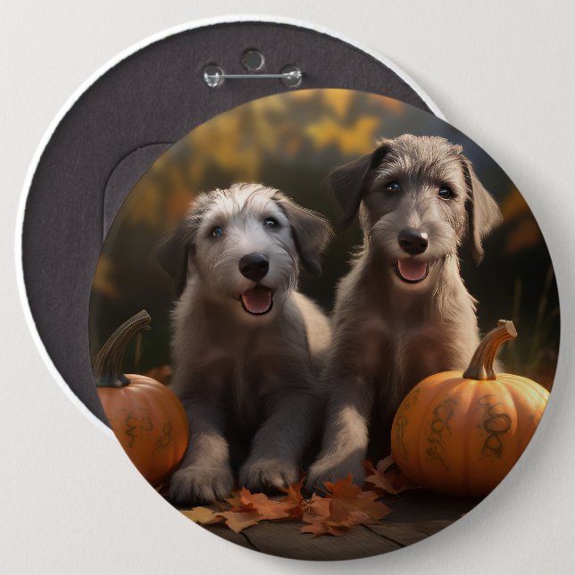 Badge Rond 15,2 Cm Wolfhound Chiot Automne Citrouille de plaisir (Devant & derrière)