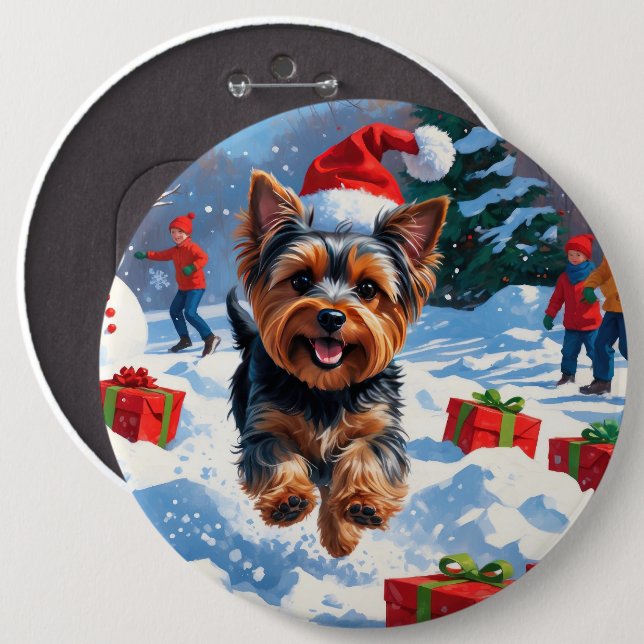 Badge Rond 15,2 Cm Yorkshire Terrier en neige avec Casquette de Noël (Devant & derrière)