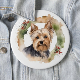 Badge Rond 15,2 Cm Yorkshire Terrier Fête de la couronne de Noël Coup