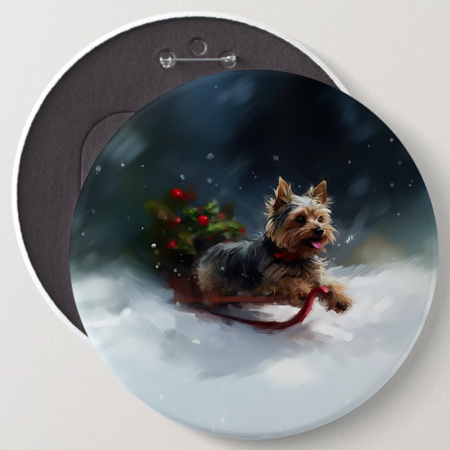 Badge Rond 15,2 Cm Yorkshire Terrier neige de Noël hiver (Devant & derrière)