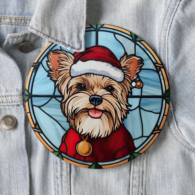 Badge Rond 15,2 Cm Yorkshire Terrier Vitrail de Noël (En situation)