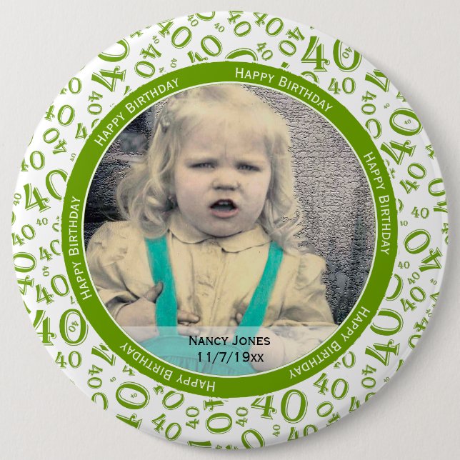 Badge Rond 15,2 Cm Your Photo: 40th Random Number Pattern Green/White (Devant)