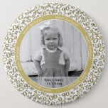 Badge Rond 15,2 Cm Your Photo:  90th Number Pattern Gold/White 90<br><div class="desc">This is a commemorative button with your photo and text to celebrate your 90th Birthday. There are text templates to make it easy to change the name, date, and photo. The example is an old snapshot scanned at 300 pixels per inch. This over-the-hill, gold & white random number pattern is...</div>