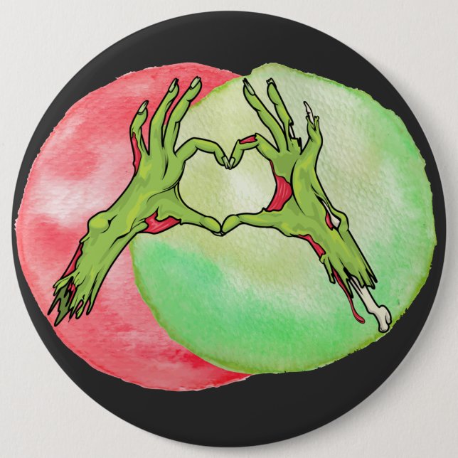 Badge Rond 15,2 Cm Zombie Mains en forme de coeur, Love Halloween (Devant)