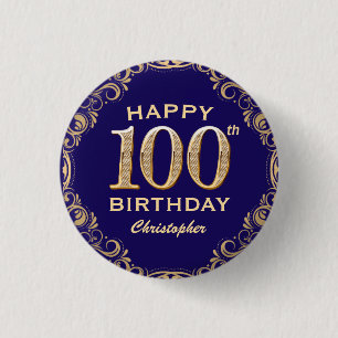 Badge Rond 2,50 Cm 100e anniversaire Parties scintillant bleu et or d