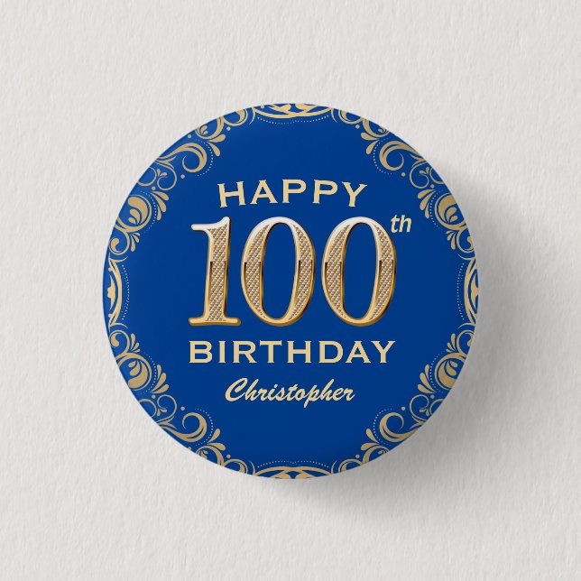 Badge Rond 2,50 Cm 100e anniversaire Parties scintillant bleu et or d (Devant)